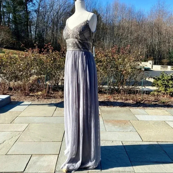 NWT Anthropologie BHLDN Adrianna Papell Aida Maxi Dress in Silver Gray Beaded - Picture 9 of 12